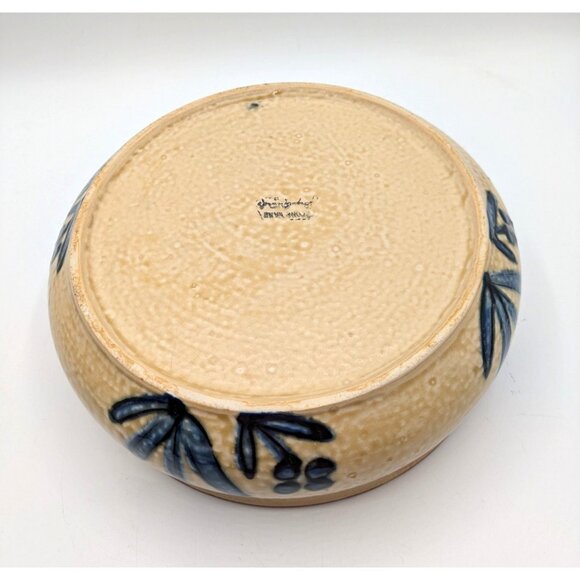 Artisan Stoneware Pottery Centerpiece Serving Bowl Blue Flowers Tan Salt Glaze - Picture 7 of 8